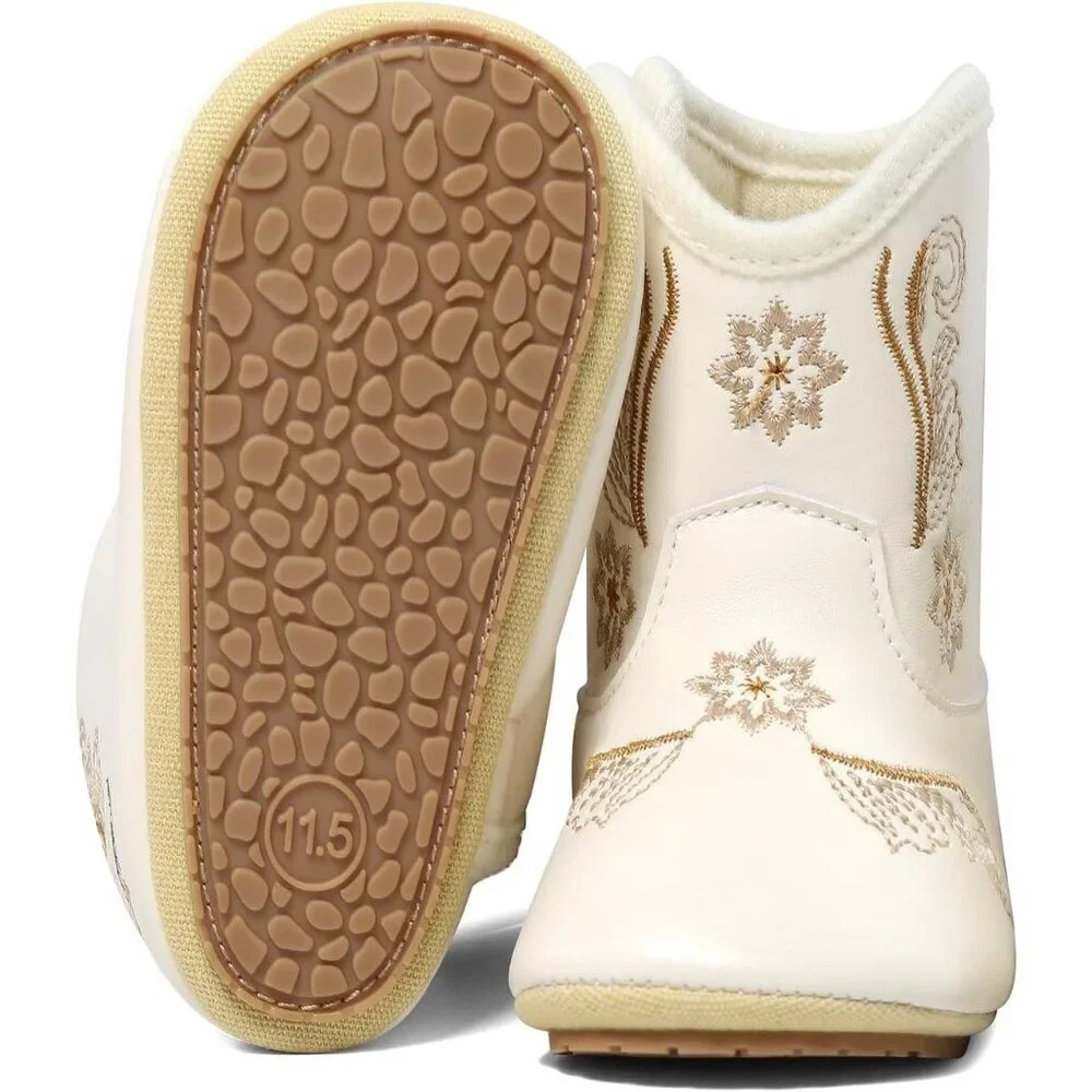 Infant Toddler White Embroidered Faux Leather Western Rubber Sole Tassel Booties